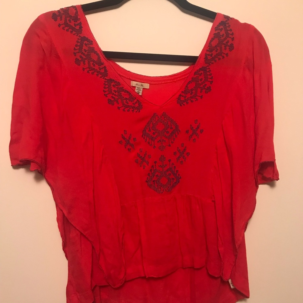 Red with blue Aztec embroidery top